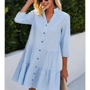 BEACHSISSI - Plaid print button-up split neck tunic dress